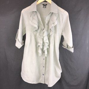 Rhapsody Ruffled Front Button Down Top Pinstripe Gray Sz Large